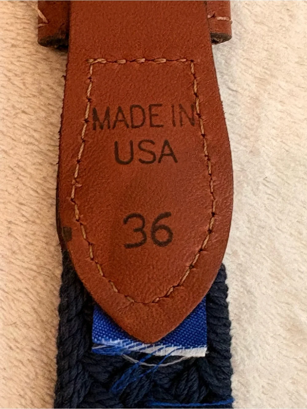 Classic Braided Navy Strap & Brown Leather Men’s Belt Solid Brass Buckle Sz 38